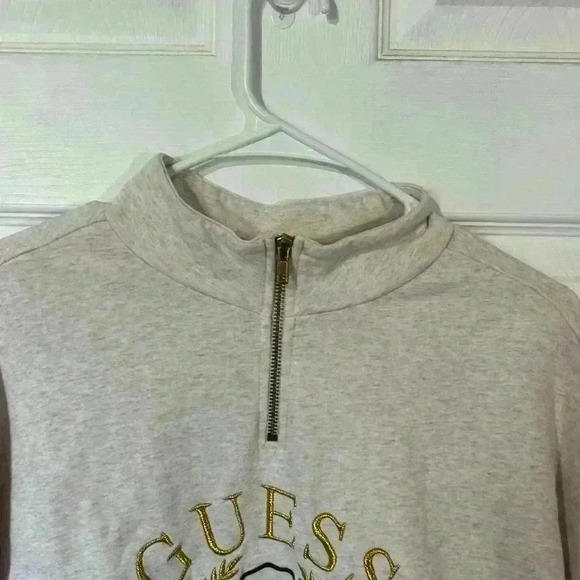 GUESS cropped cream 1/4 zip sweatshirt. Raised stitching in gold. Size Large. - Picture 2 of 7